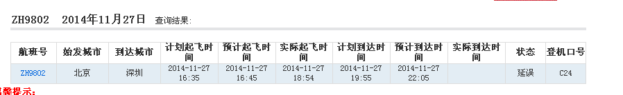 2014年11月27日国航ca3301航班目前状态