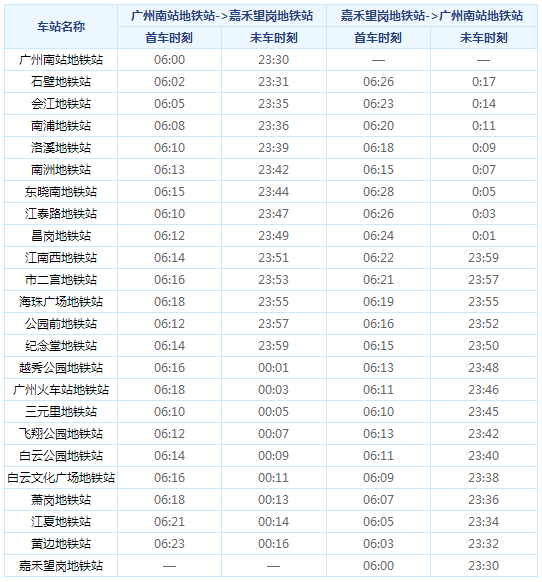 广州地铁二号线列车时刻表