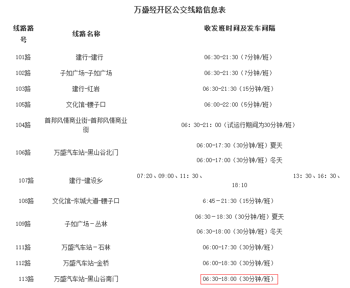 重庆万盛区黑山谷113公交车时间表