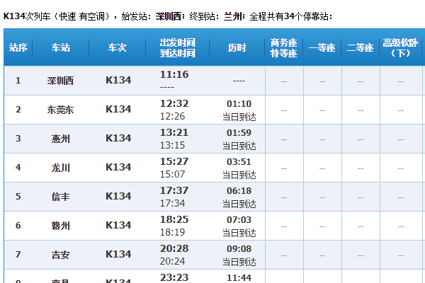 K134 列车 深圳西--兰州中途经过哪些站？