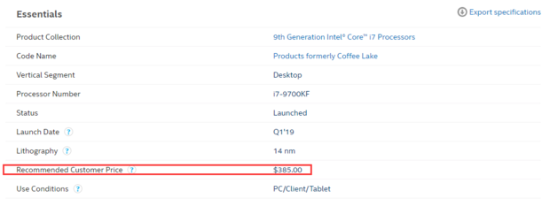 i7 9700KF这款不带核显的CPU，定价会在多少钱