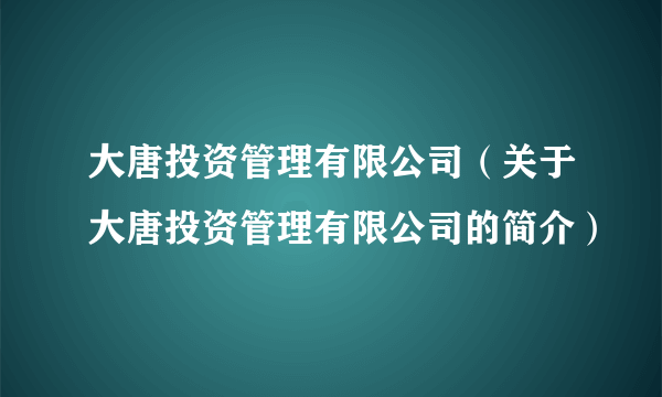 大唐投资管理有限公司（关于大唐投资管理有限公司的简介）