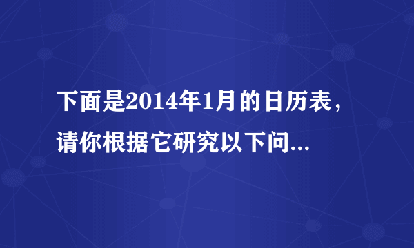 下面是2014年1月的日历表，请你根据它研究以下问题：（1）任意框出日历中偶9个数组成的方框，请分析这9个数之和与这个方框正中间的数有什么关系？（2）这个关系式对其他这样的方框成立吗？你能用代数式表示这个关系式吗？（3）这个关系式对任何一个月的日历都成立吗？为什么？（4）如果将方框改为十字形框，你能发现哪些规律？