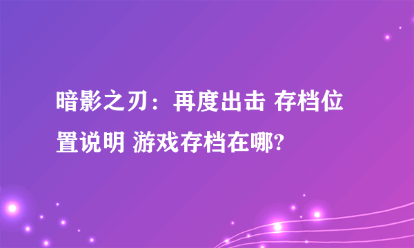 暗影之刃：再度出击 存档位置说明 游戏存档在哪?