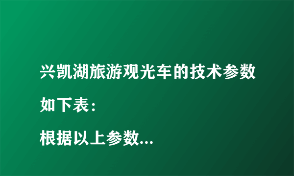 兴凯湖旅游观光车的技术参数如下表： 
根据以上参数，解答下列问题：（1）若乘员质量平均为50kg，求满载时观光车和人的总重是多少牛顿？（2）求满载时车对水平路面的压强是多少帕斯卡？（3）若观光车在水平路面匀速行驶1×104m过程中，牵引力所做的功为1×107J，求观光车匀速行驶时受到的阻力是多少牛顿？